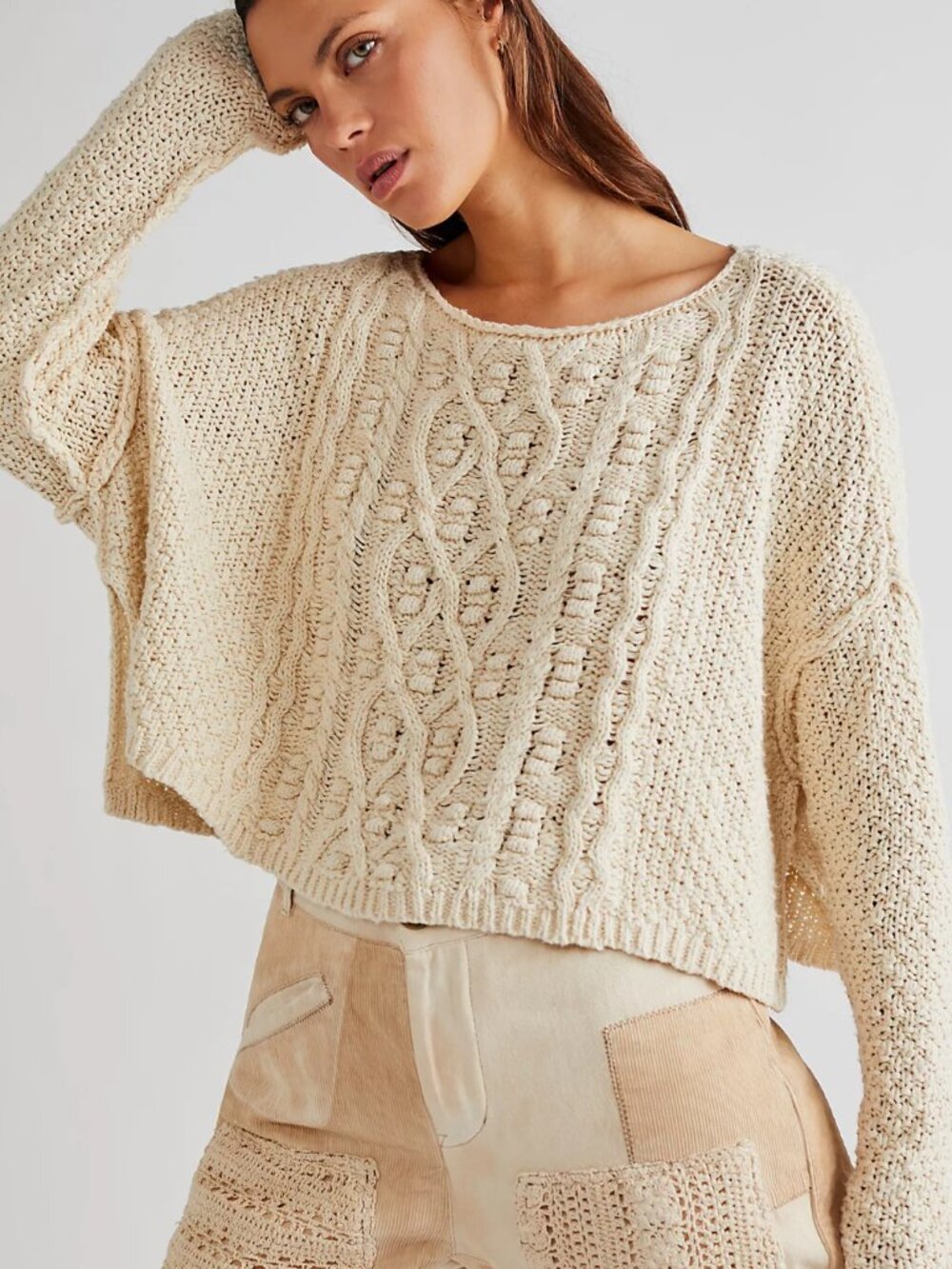 Free People Cream Changing Tides Pullover Cable Knit Sweater M Light Academia